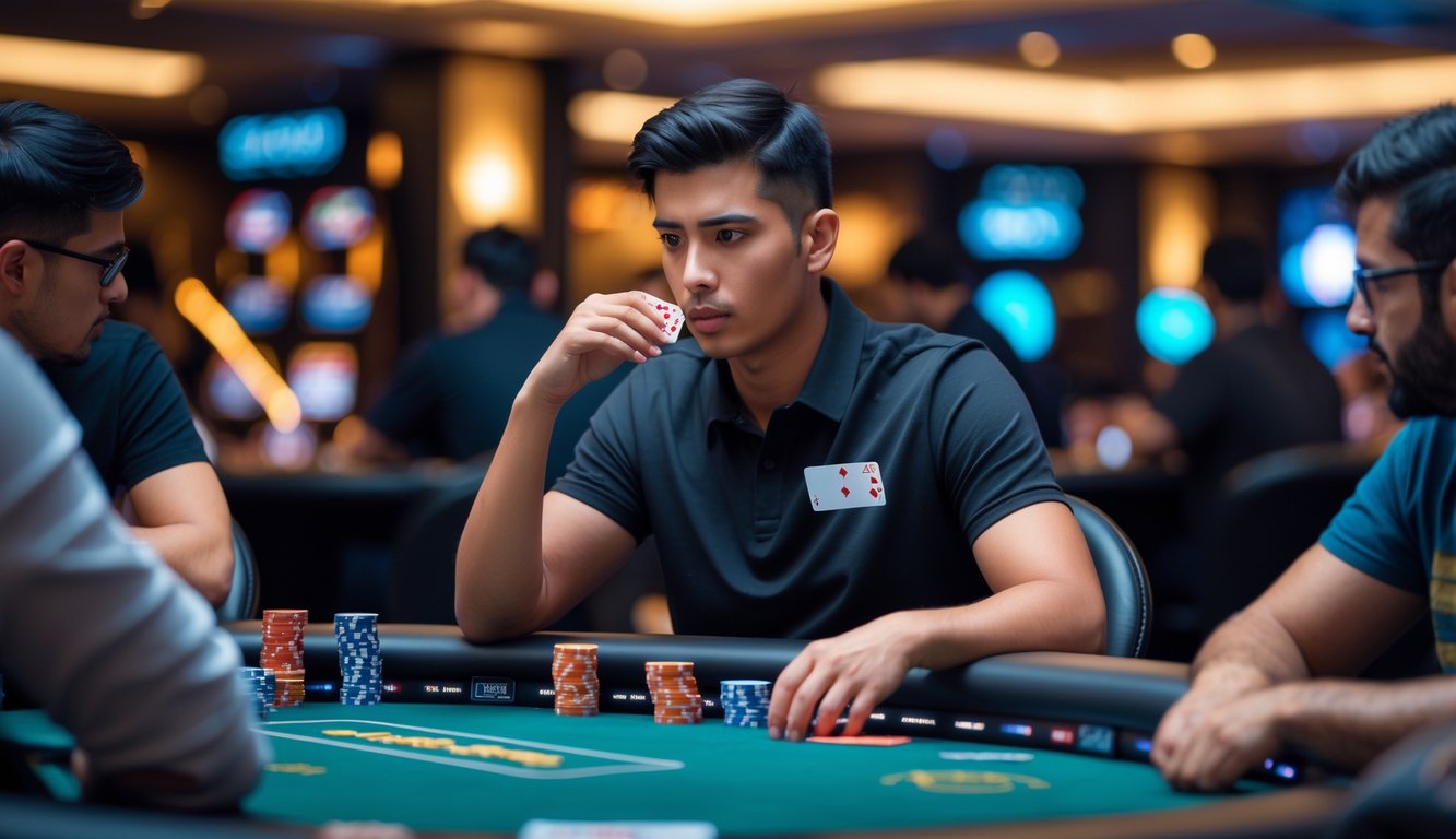 Seorang pemain poker yang fokus duduk di meja poker dengan kartu dan tumpukan chip, mengamati lawan di kasino.