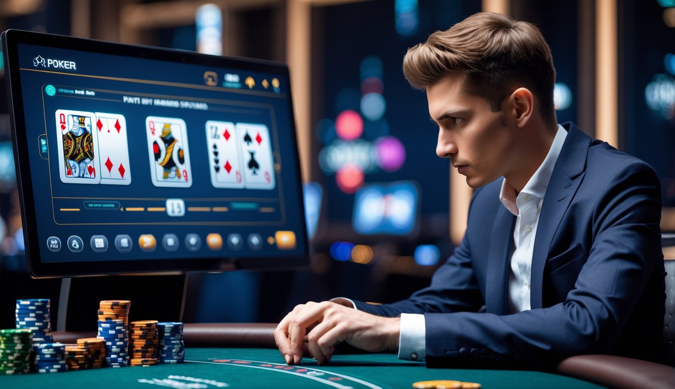 Seorang pemain poker fokus duduk di meja poker dengan kartu digital dan tumpukan chip, sedang menentukan langkah permainan.