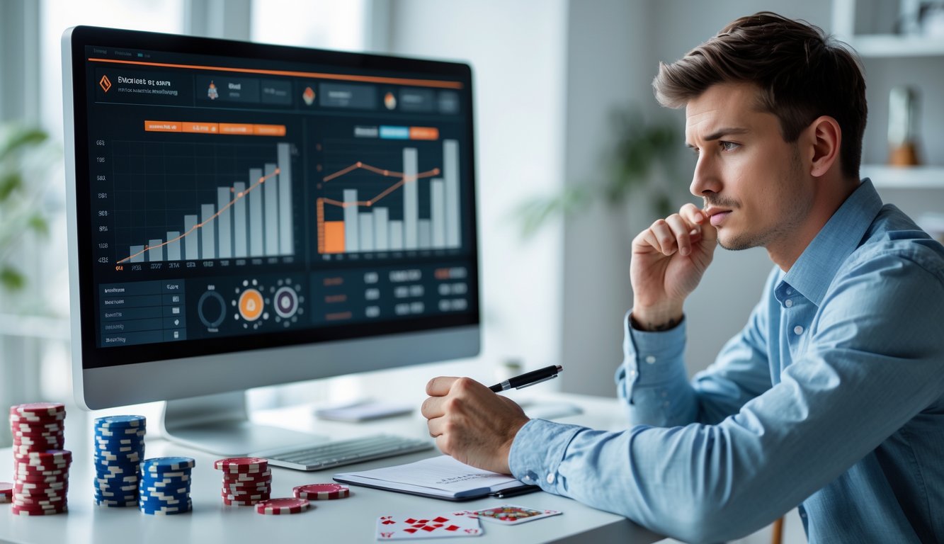 Seorang pria muda duduk di meja dengan komputer, menganalisis statistik permainan poker online dengan kartu dan chip poker di meja.
