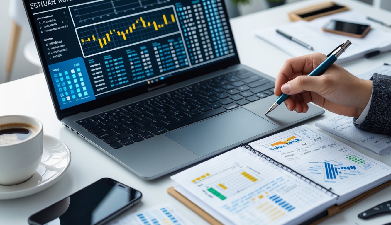 Meja kerja dengan laptop menampilkan data angka, tangan memegang pena sedang menganalisis catatan, suasana fokus dan teratur.