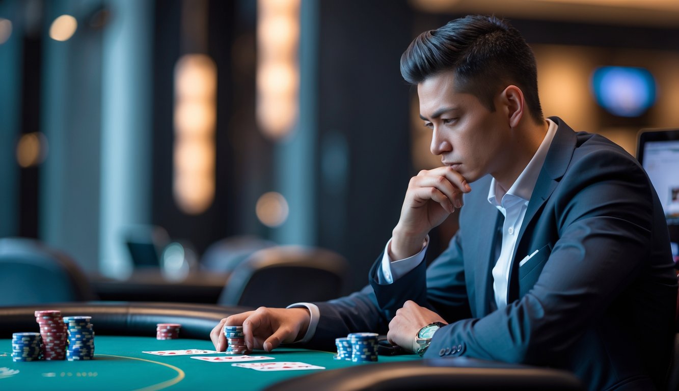 Seorang pemain poker yang fokus duduk di meja poker dengan chip dan kartu, menunjukkan konsentrasi dan strategi.