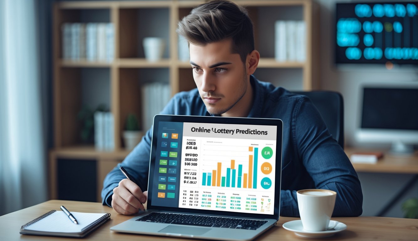 Seorang individu duduk di meja kerja dengan laptop terbuka, menganalisis data dan grafik untuk prediksi togel online dengan fokus.
