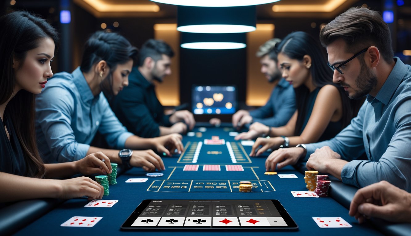 Beberapa pemain poker sedang fokus bermain di meja dengan kartu dan chip, di latar belakang terdapat suasana lounge permainan modern.