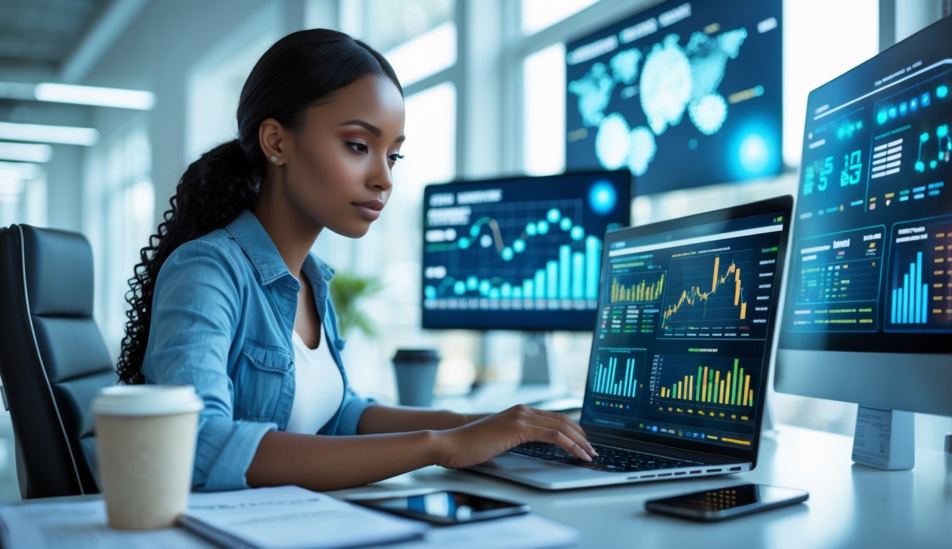 Seorang wanita muda sedang menganalisis data pola pasar togel online di depan laptop di sebuah kantor modern.