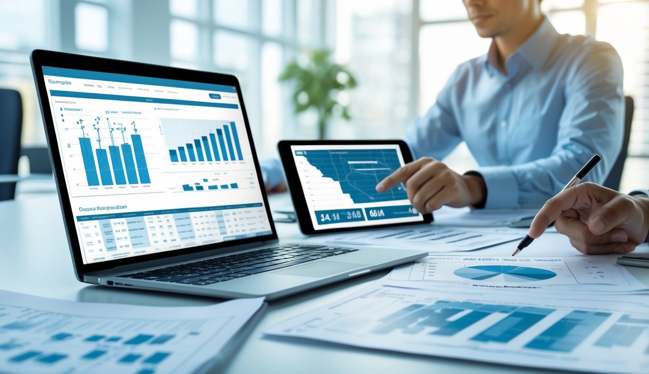 Seorang profesional sedang menganalisis data pada laptop dan tablet di meja kerja dengan diagram statistik di sekitarnya.