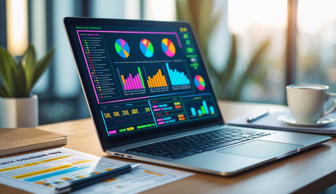 Seorang profesional sedang menganalisis pola putaran slot online di meja kerja dengan laptop, dokumen, dan kopi.