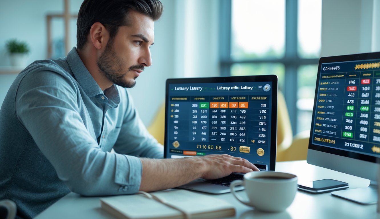 Seorang pemain berpengalaman sedang menganalisis angka togel online di depan laptop dengan beberapa layar digital yang menampilkan statistik dan grafik angka.
