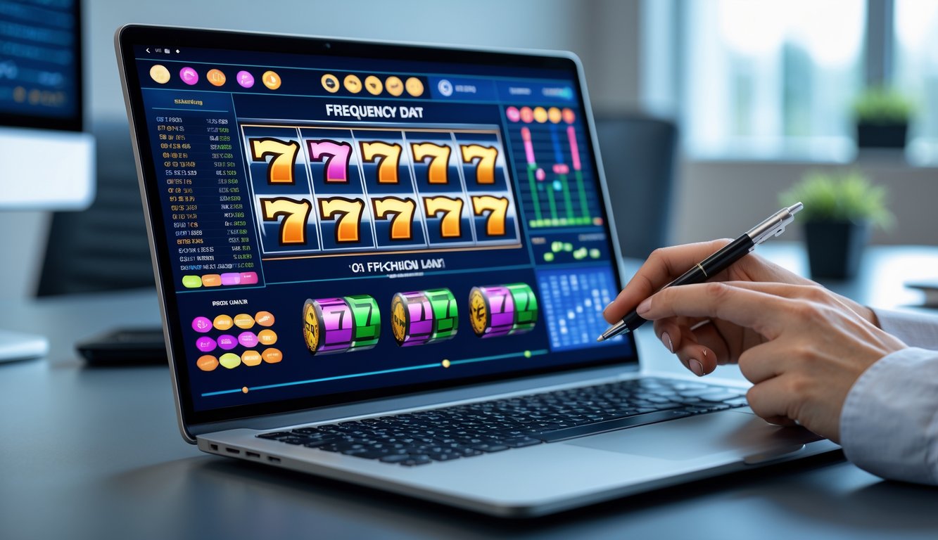 Seorang profesional sedang menganalisis data frekuensi simbol slot online di depan laptop di ruang kerja yang rapi.