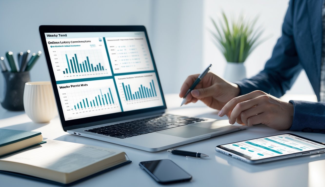 Seseorang sedang menganalisis data tren angka togel mingguan di depan laptop di ruang kerja yang rapi.
