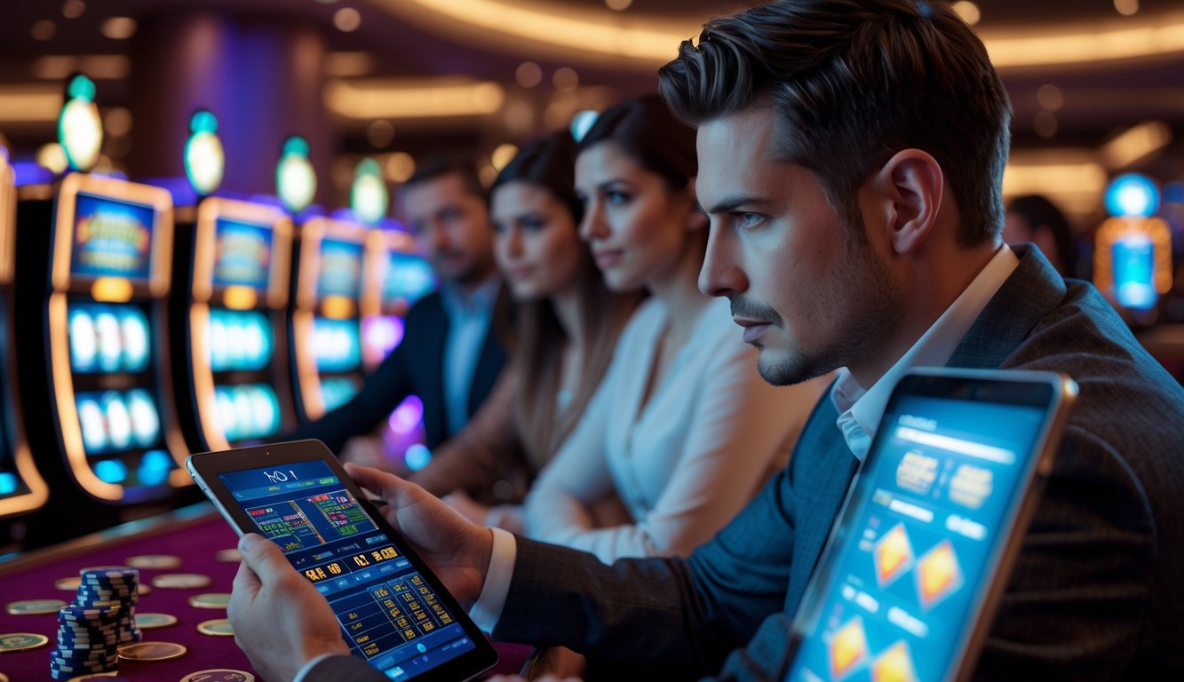 Seorang pemain slot berpengalaman sedang fokus menganalisis pola putaran mesin slot di dalam kasino dengan latar belakang mesin slot menyala.