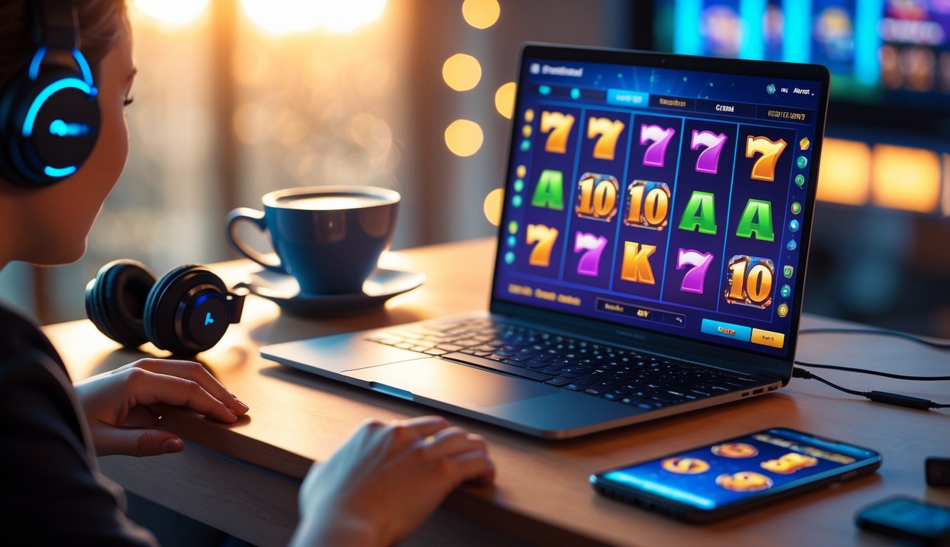 Seorang pemain duduk di depan laptop dengan tampilan permainan slot online berwarna-warni, dikelilingi oleh kopi, headphone, dan ponsel di meja.