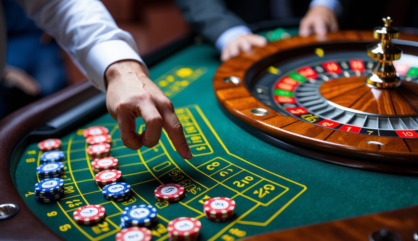 Meja roulette dengan roda dan chip taruhan, tangan seseorang menunjuk ke pola taruhan untuk membuat keputusan.