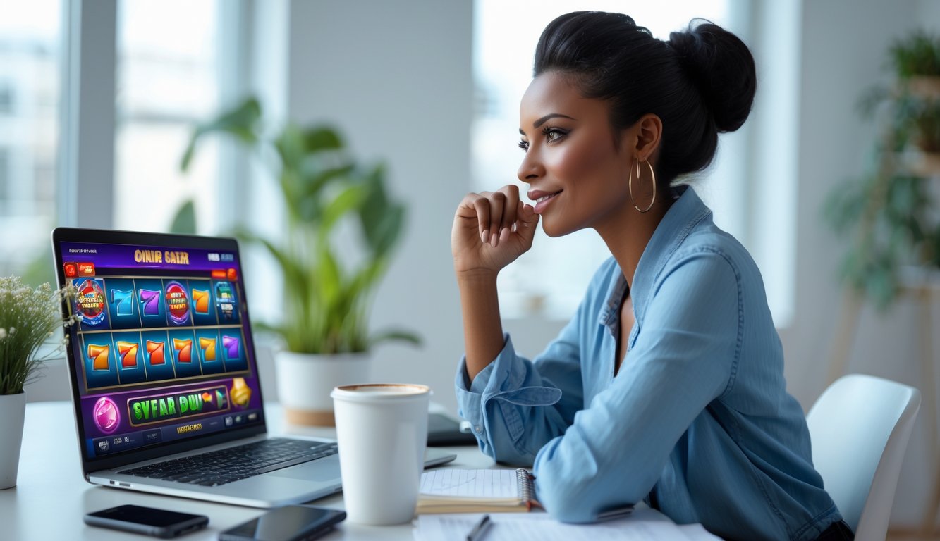 Seorang wanita muda duduk di depan laptop yang menampilkan permainan slot online, terlihat fokus dan berpikir dengan suasana ruangan yang terang dan rapi.