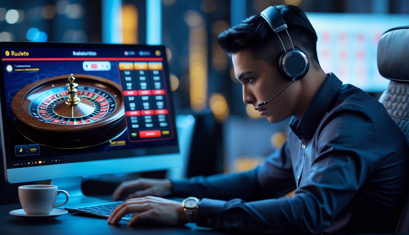 Seorang pemain ahli sedang fokus bermain roulette online di depan layar komputer dalam ruangan modern.