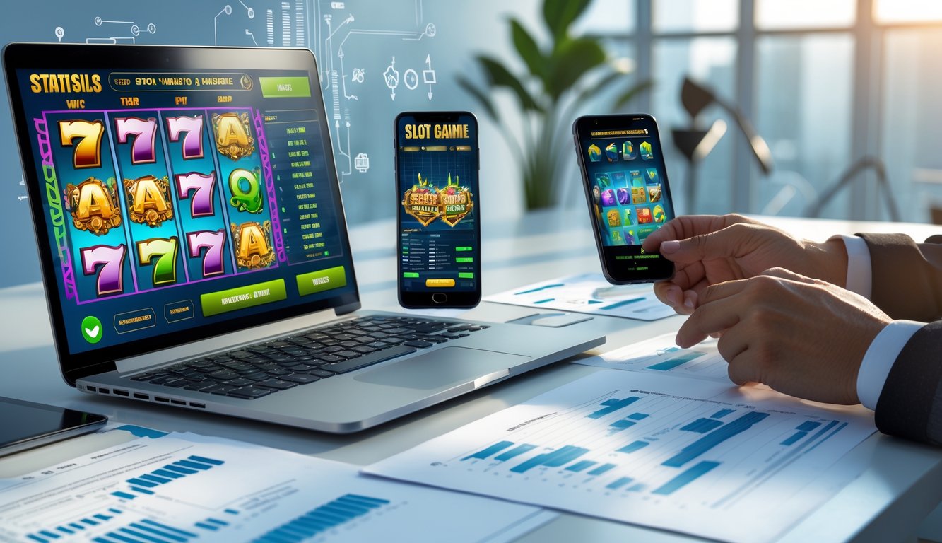 Meja kerja modern dengan laptop dan ponsel yang menampilkan grafik permainan slot online serta dokumen analisis yang rapi.