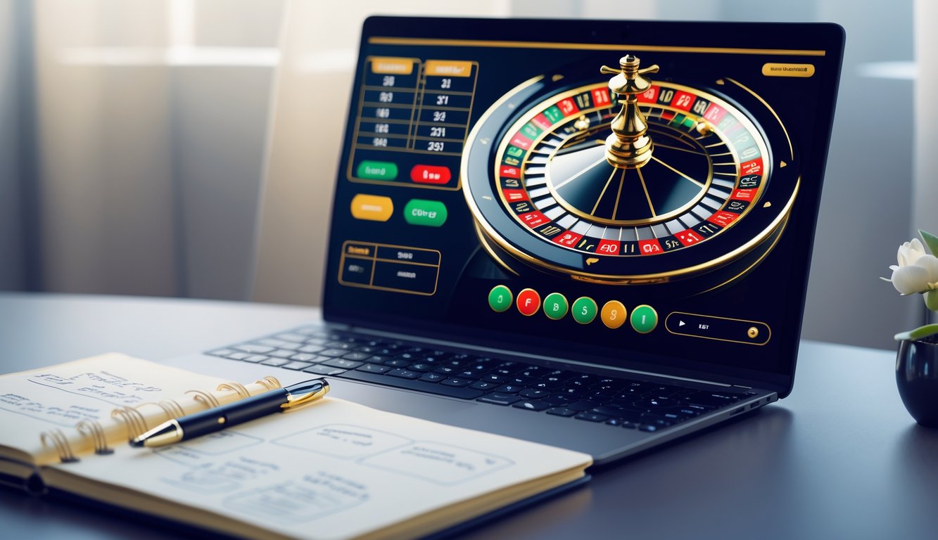 Seorang pemain sedang menggunakan laptop dengan tampilan roda roulette digital dan catatan strategi di meja.