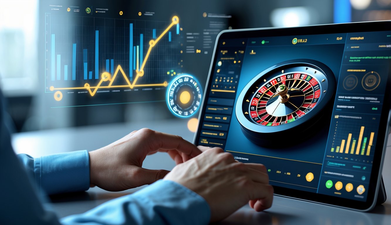 Seseorang menggunakan perangkat layar sentuh untuk menganalisis pergerakan bola pada roda roulette digital modern.