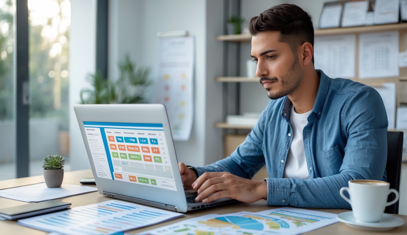 Seseorang sedang duduk di depan laptop dengan catatan dan grafik di meja, terlihat fokus menganalisis data prediksi togel online di ruang kerja yang rapi.