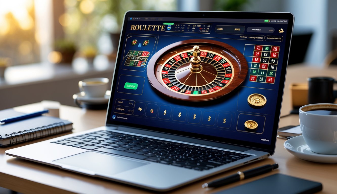 Seorang pemain sedang menggunakan laptop dengan tampilan roda roulette online dan meja kerja yang rapi di sekitarnya.
