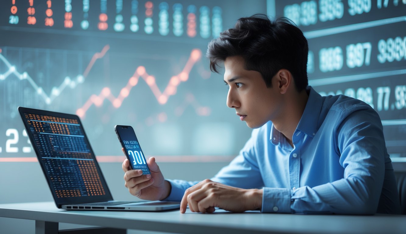 Seseorang sedang fokus menganalisis pola angka pada perangkat digital di meja kerja.