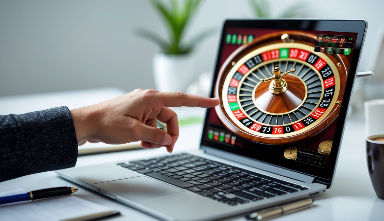 Seseorang sedang menunjuk layar komputer yang menampilkan roda roulette online dengan chip taruhan, di meja kerja yang rapi.