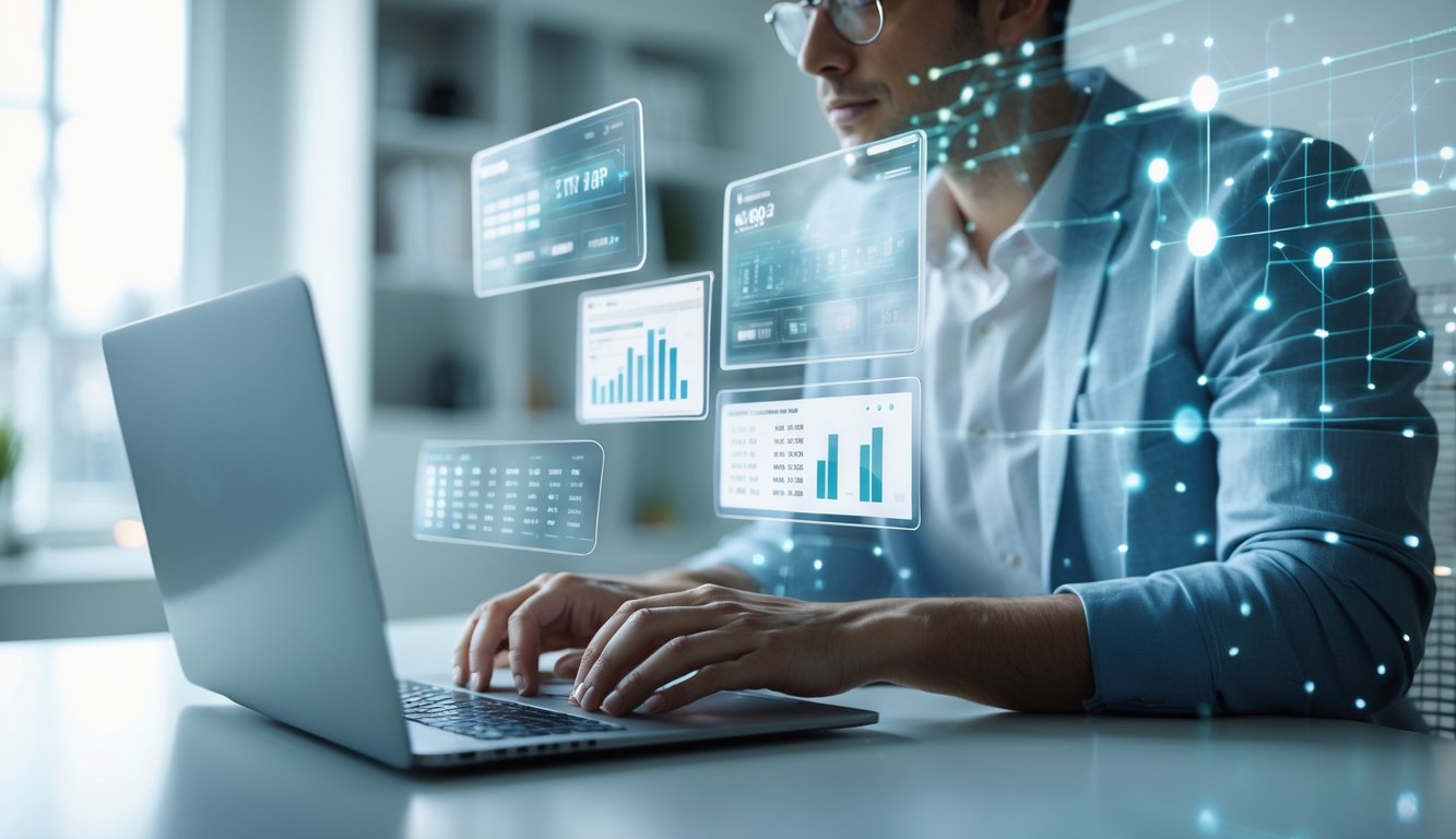 Seseorang sedang menggunakan laptop di ruang kerja modern dengan layar digital yang menampilkan angka dan grafik prediksi togel.