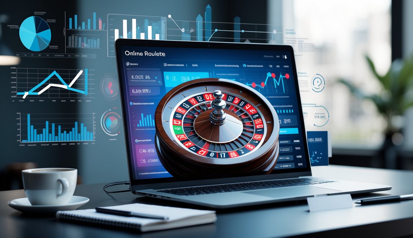 Meja kerja modern dengan komputer menampilkan roda roulette digital dan grafik analisis yang menggambarkan metode stabilitas permainan jangka panjang.