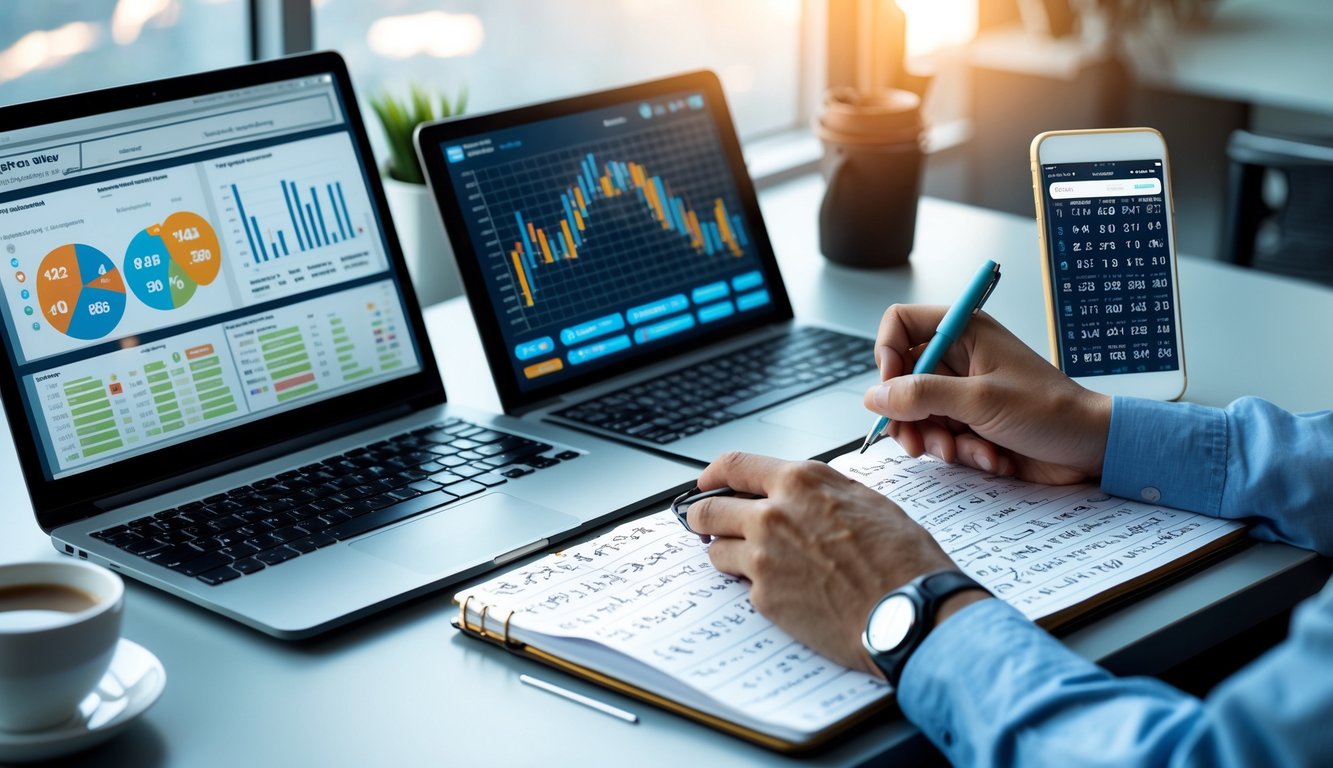 Seorang pria sedang menganalisis data angka togel online di meja kerja dengan laptop, tablet, dan catatan tulisan tangan.