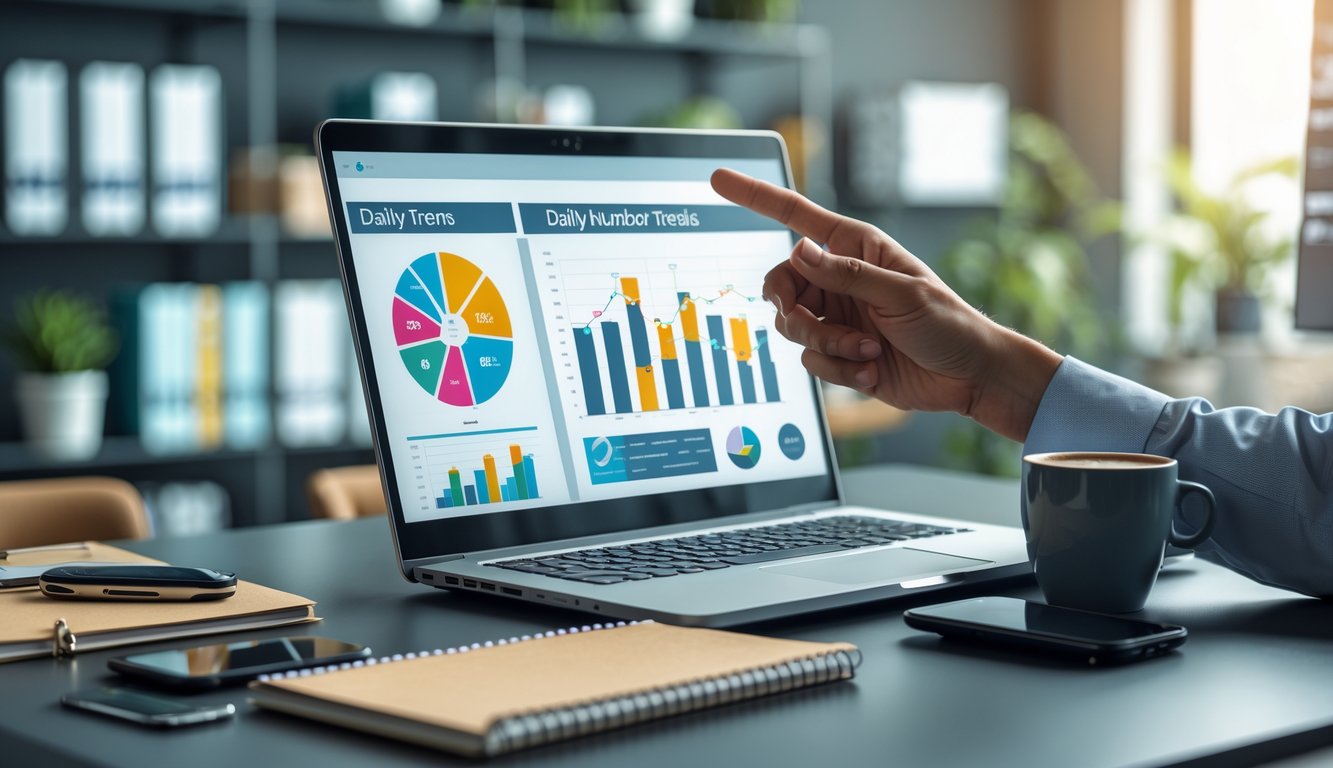 Seseorang sedang bekerja di meja dengan laptop yang menampilkan grafik angka, dikelilingi oleh buku catatan dan kopi di ruang kantor.
