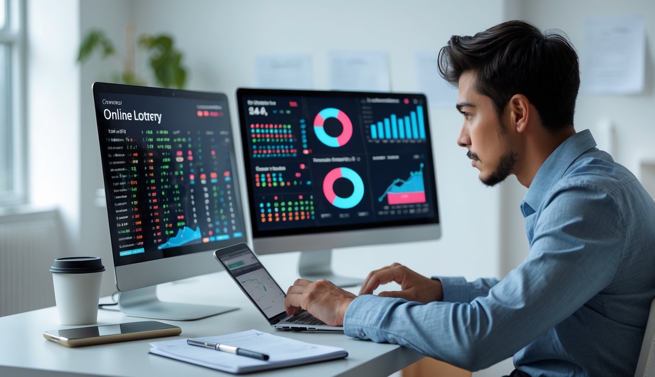 Seorang pria muda duduk di meja dengan laptop dan beberapa layar yang menampilkan grafik dan angka, sedang fokus menganalisis data untuk prediksi togel online.