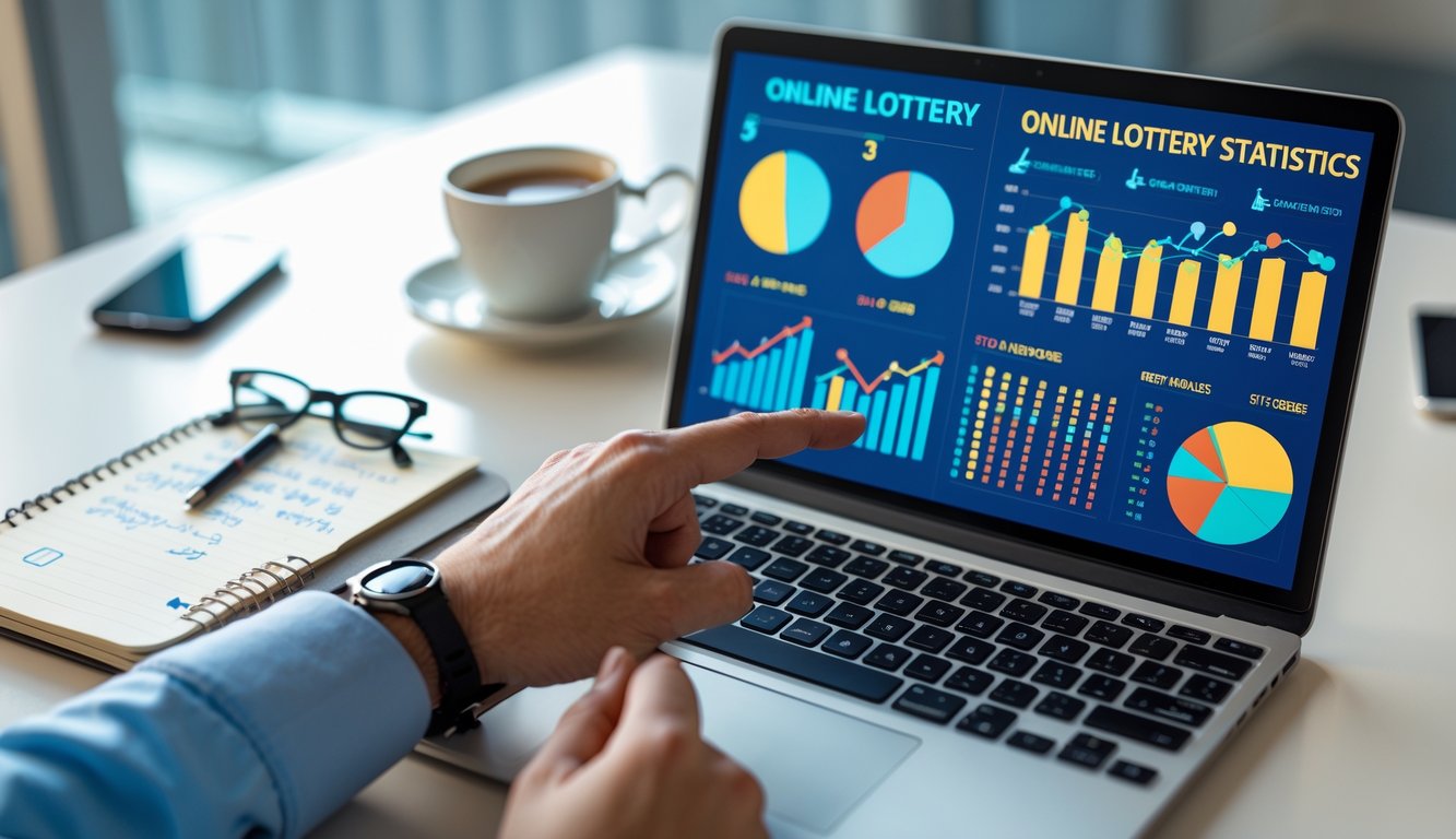 Seseorang sedang menganalisis data statistik togel online di depan laptop dengan catatan dan alat tulis di meja kerja.