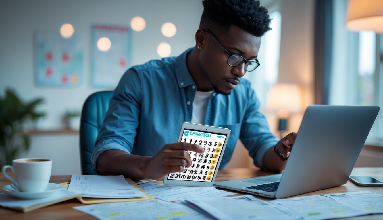 Seorang individu fokus menganalisis angka togel di tablet dan laptop di ruang kerja modern dengan catatan dan kopi di meja.