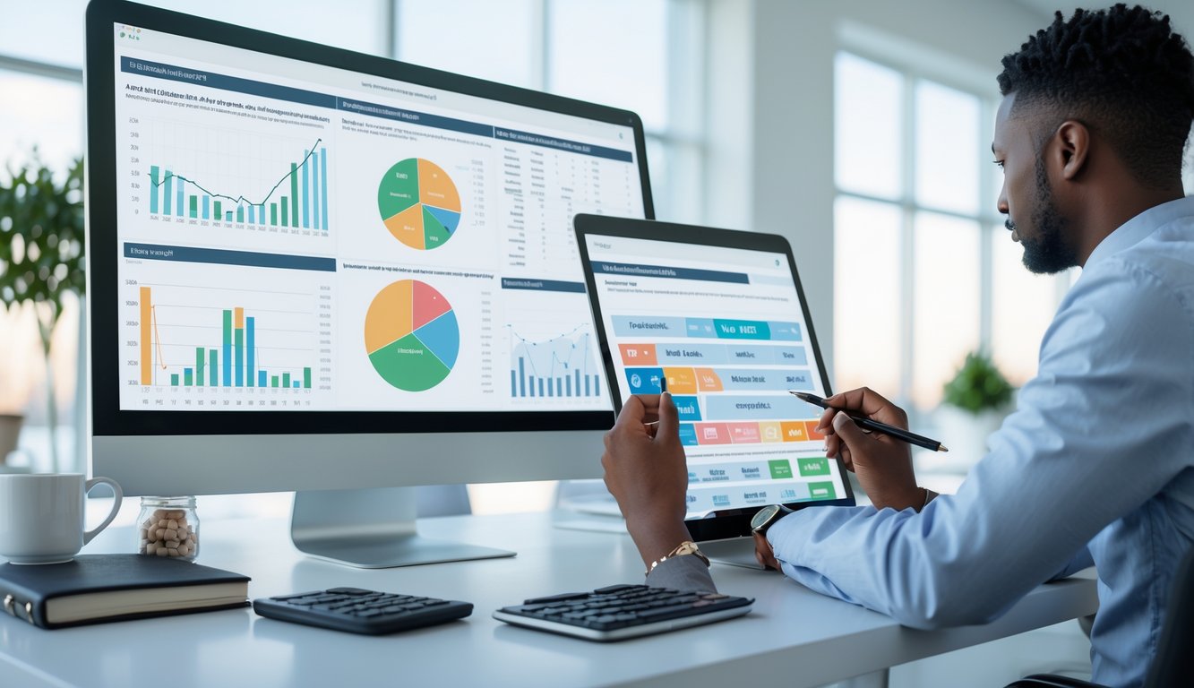 Seorang profesional sedang menganalisis data prediksi togel online di meja kerja dengan komputer dan alat tulis di kantor yang terang.