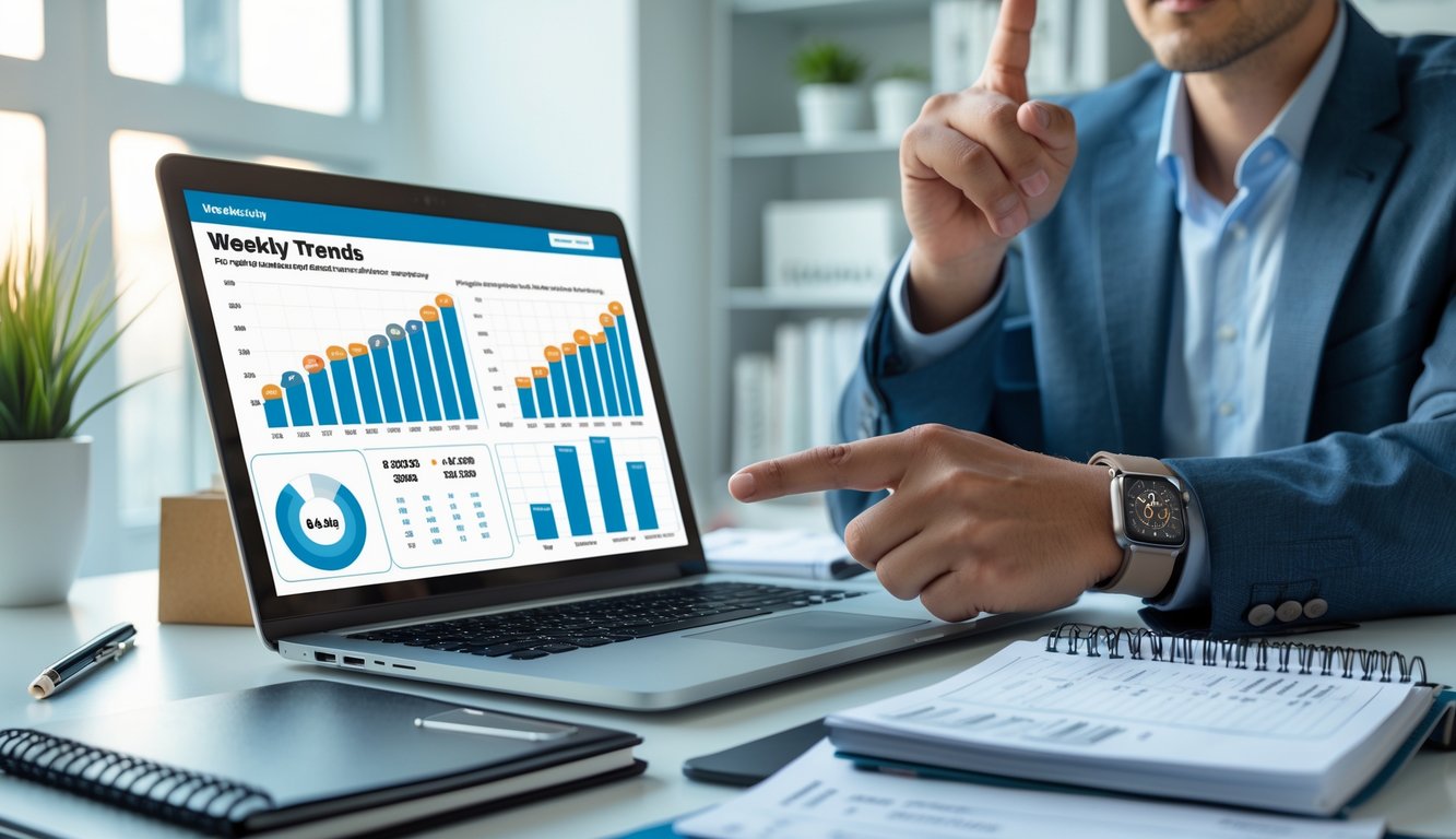 Seseorang sedang menganalisis data angka di depan laptop dengan grafik dan catatan di meja kerja.