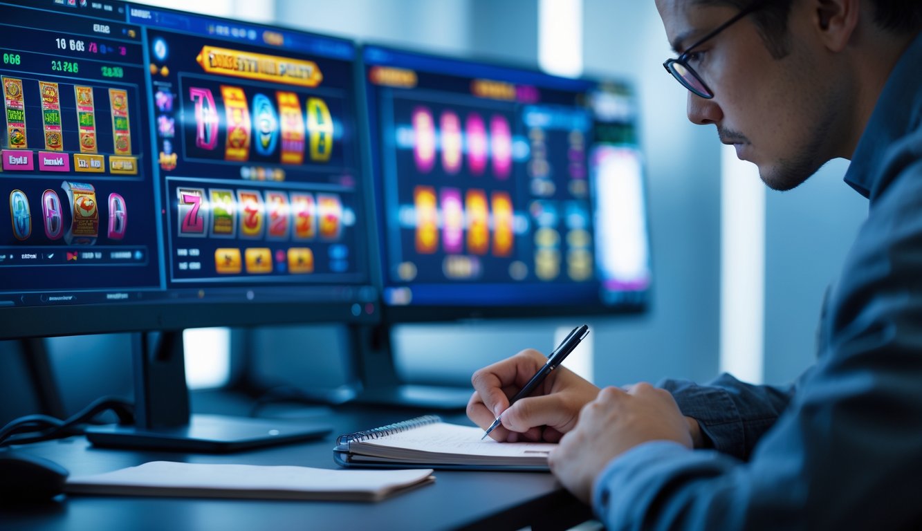 Seorang individu sedang fokus menganalisis pola permainan slot online di depan beberapa monitor komputer dengan grafik dan catatan di meja kerja.