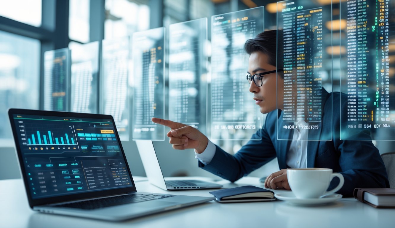 Seseorang yang fokus menganalisis data angka pada beberapa layar digital di ruang kantor modern.