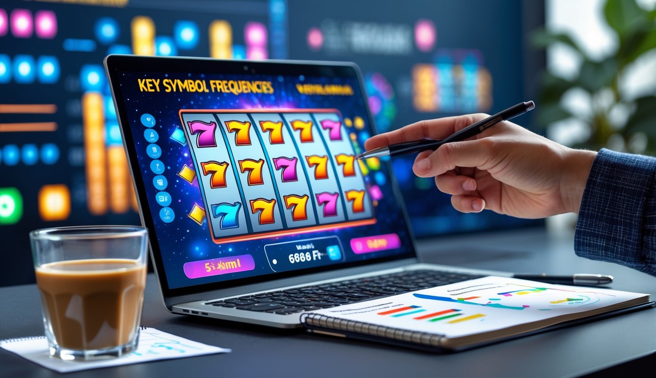 Meja kerja dengan laptop yang menampilkan simbol permainan slot online, catatan dengan grafik, dan tangan menunjuk layar dengan pena.