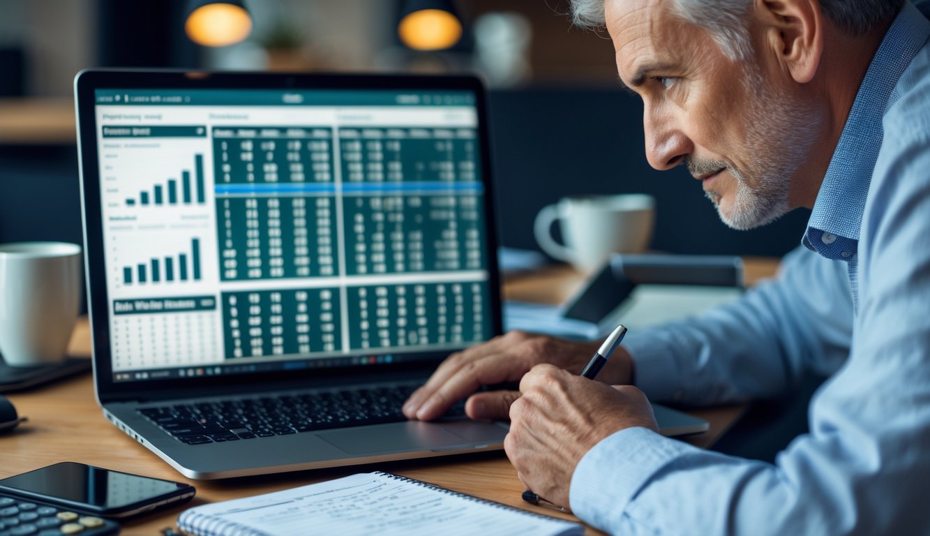 Seorang pemain berpengalaman sedang menganalisis pola angka togel online di depan laptop di ruang kerja modern.