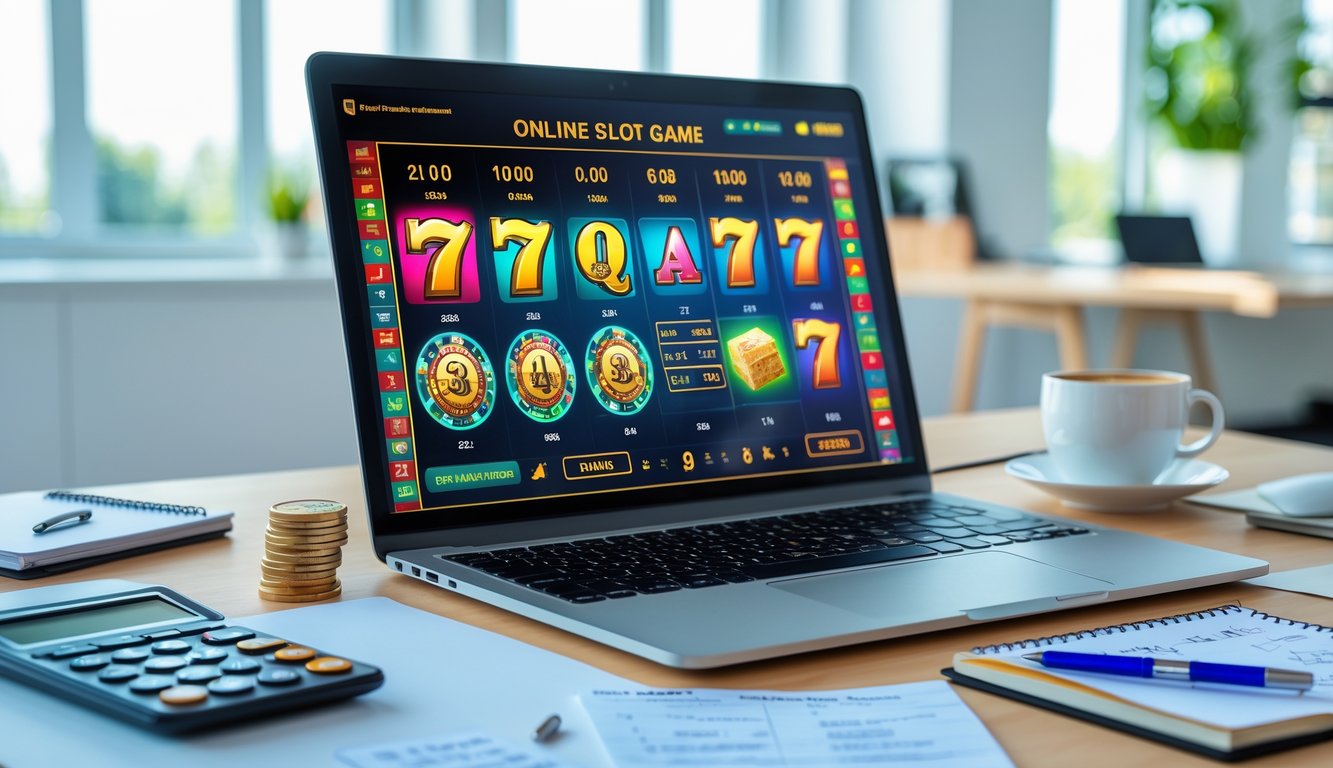 Seorang profesional sedang menganalisis data permainan slot online di laptop di ruang kerja modern dengan alat analisis dan kopi di meja.