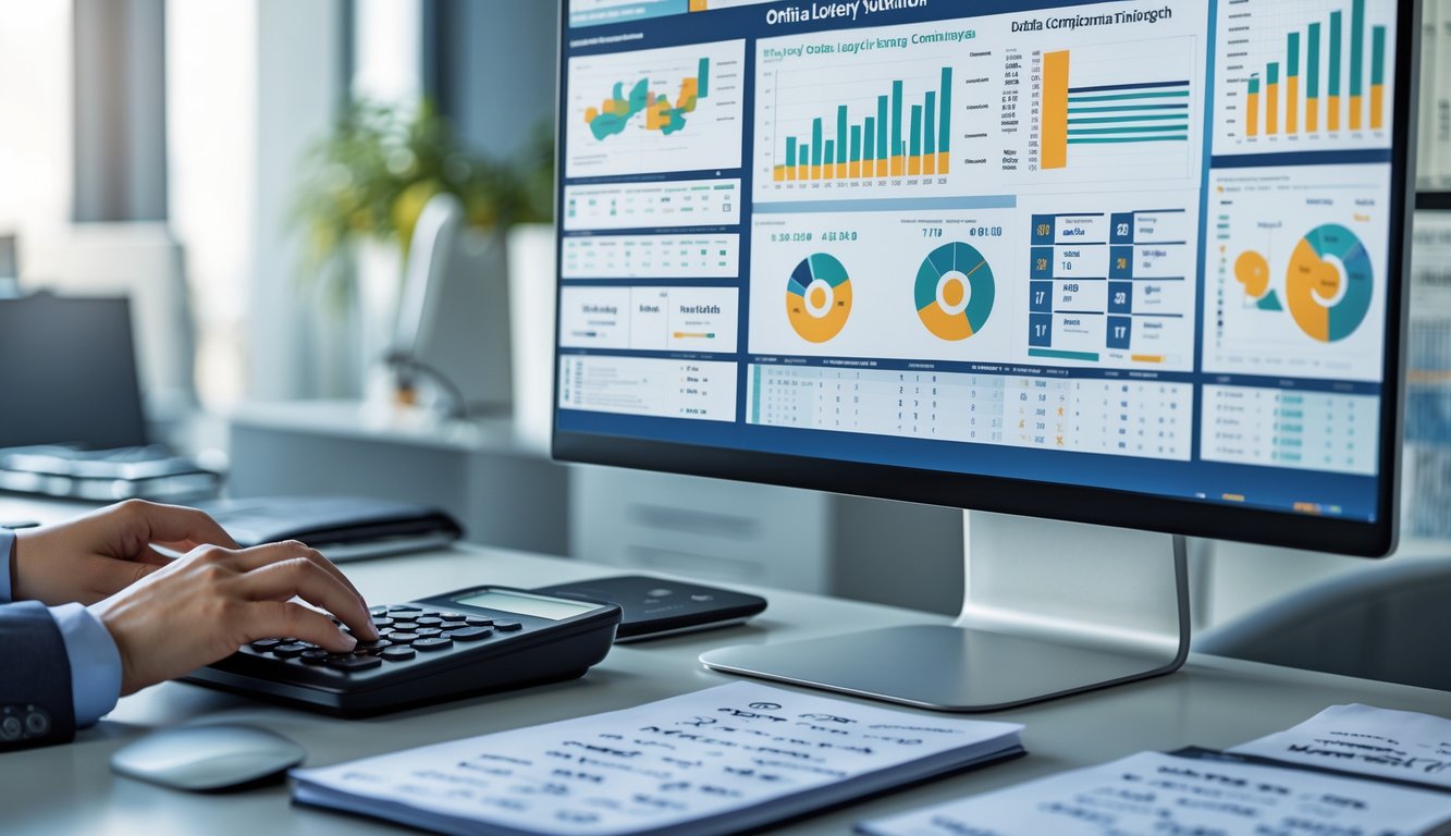 Meja kerja dengan komputer menampilkan grafik dan angka, tangan seseorang sedang mengetik dan menggunakan kalkulator, dikelilingi catatan angka di kantor yang rapi.
