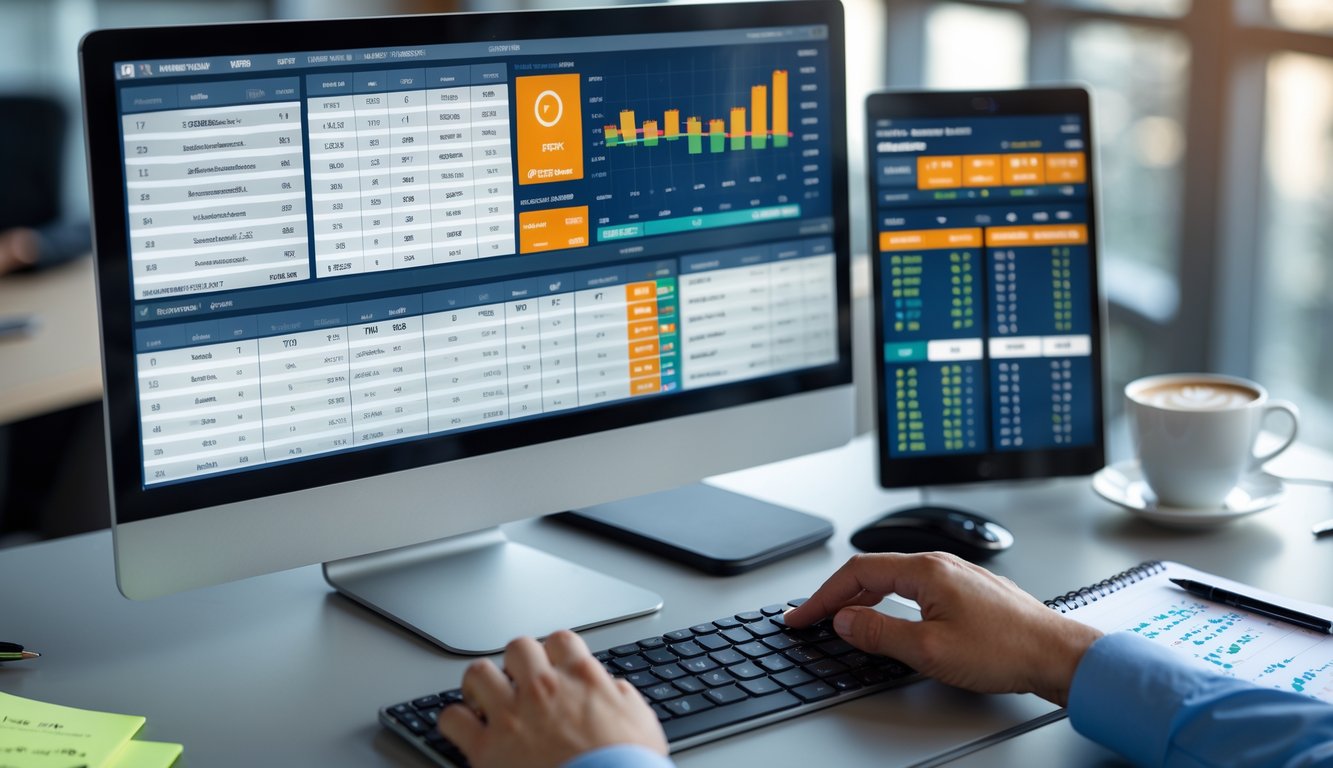 Orang sedang menganalisis data pertandingan olahraga di komputer dengan ponsel dan catatan di meja.