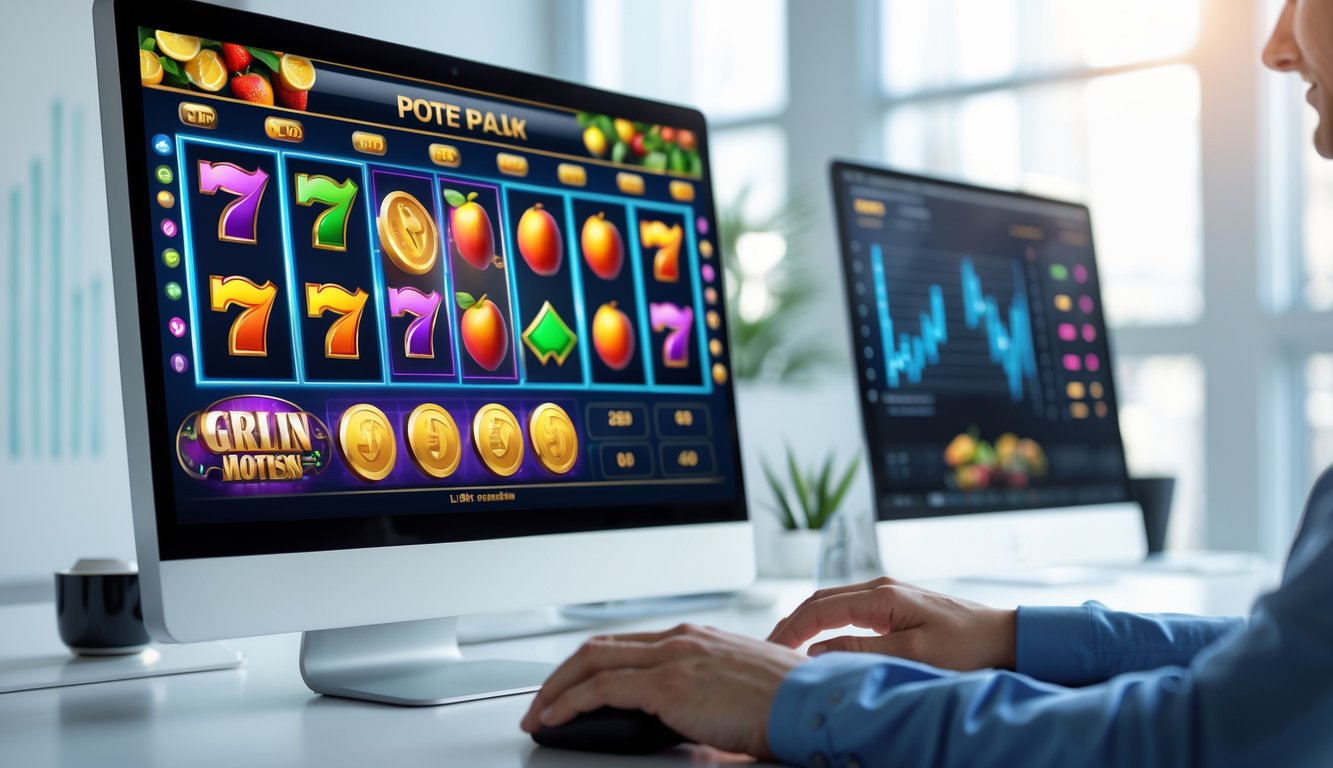 Seorang pengguna sedang memilih mesin slot online di depan komputer dengan layar menampilkan gulungan slot yang berwarna-warni di sebuah ruangan kantor yang terang.
