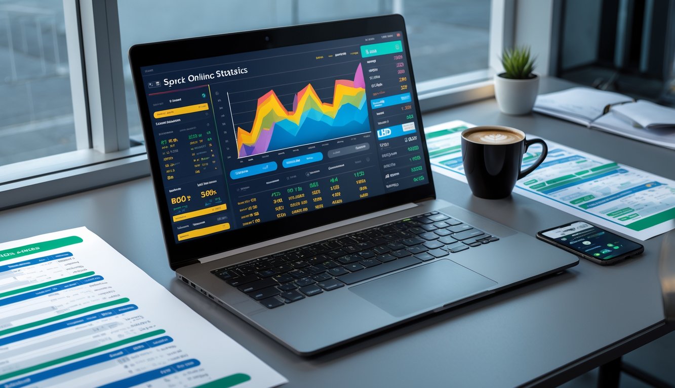 Seorang pria duduk di depan laptop dengan grafik statistik pertandingan sepak bola, dikelilingi oleh kertas dan ponsel, sedang menganalisis data untuk keputusan taruhan online.