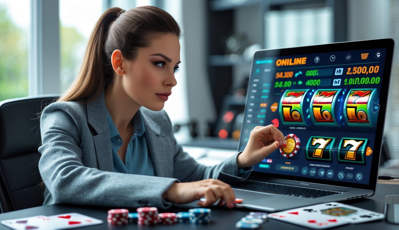 Seorang wanita duduk di depan laptop sambil mengatur permainan slot online dengan fokus di ruang kerja modern.