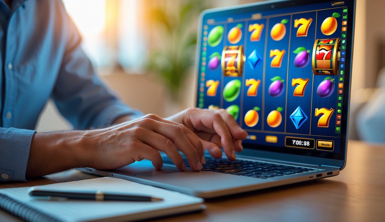 Tangan seseorang sedang menggunakan laptop dengan permainan slot online yang berwarna-warni di layar, di meja dengan catatan dan pena di sampingnya.
