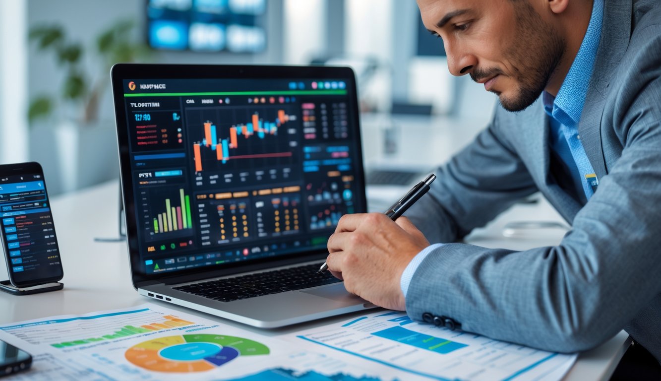 Seorang profesional sedang menganalisis data taruhan olahraga di meja kerja dengan laptop, catatan, dan ponsel dalam suasana kantor modern.