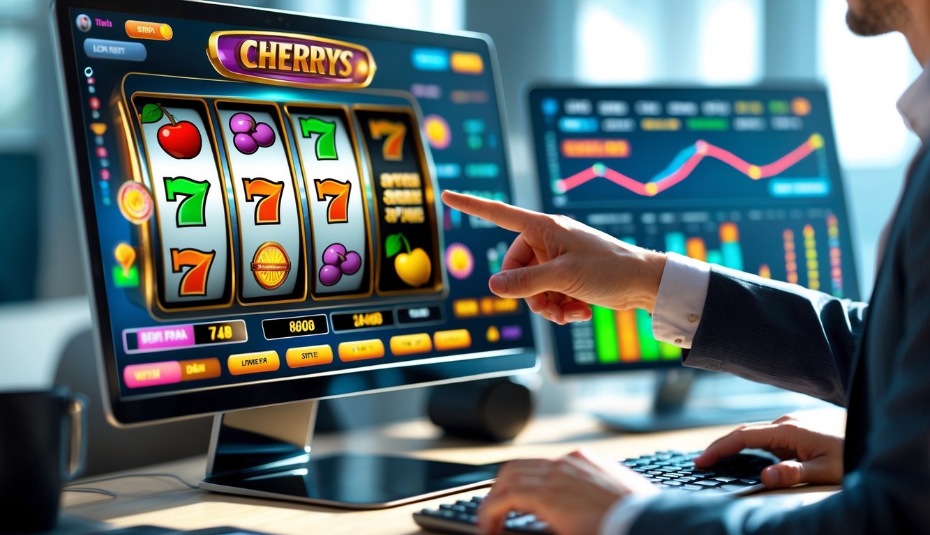 Seseorang sedang menganalisis pola putaran mesin slot online di depan komputer dengan grafik dan simbol mesin slot di layar.