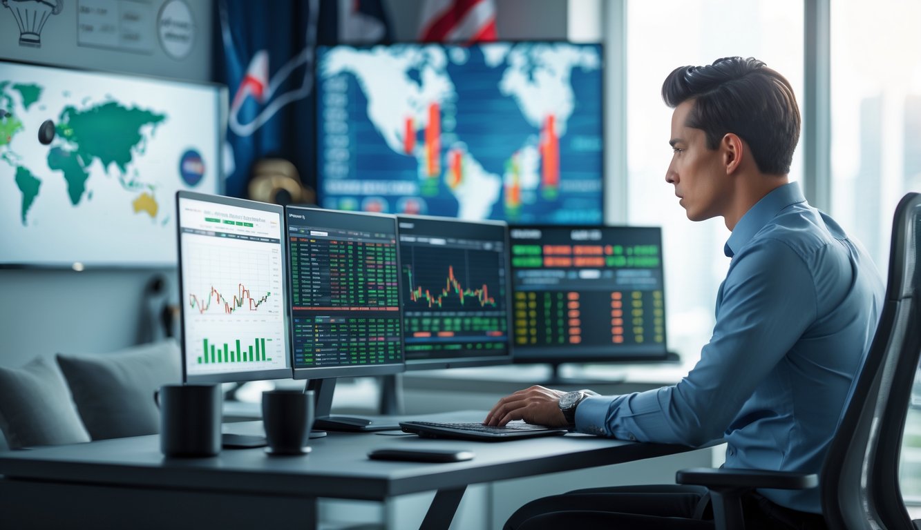 Seorang individu sedang menganalisis data taruhan olahraga secara online di depan beberapa layar komputer di ruang kerja modern.