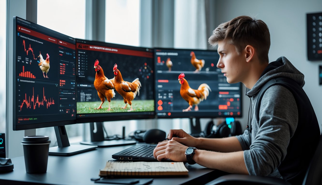 Seorang pria muda duduk di depan beberapa monitor komputer yang menampilkan statistik dan video pertarungan ayam, fokus menganalisis dengan meja kerja yang rapi dan pencahayaan alami.