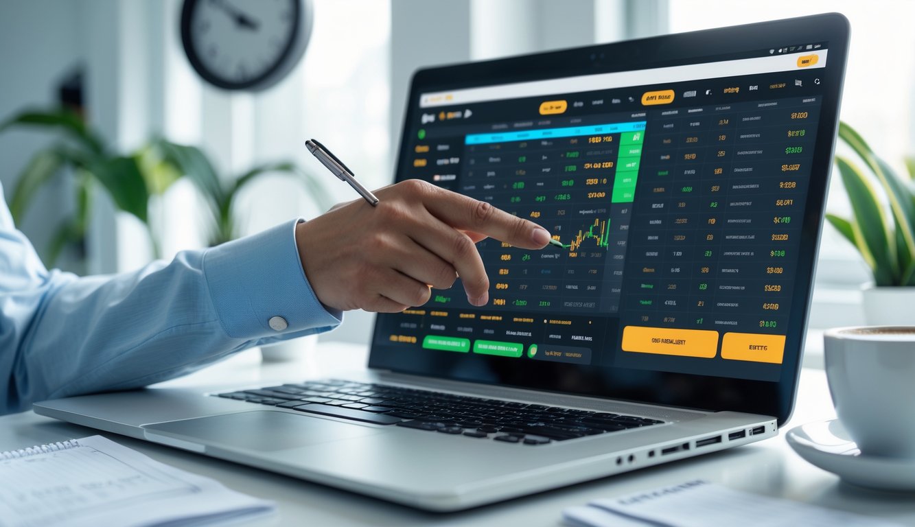 Seseorang sedang melihat layar laptop dengan grafik dan data taruhan olahraga di meja kerja yang rapi.